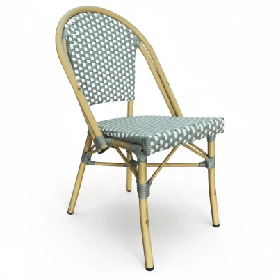 Bistro diner chair with a light wood frame and grey and white woven seat and back