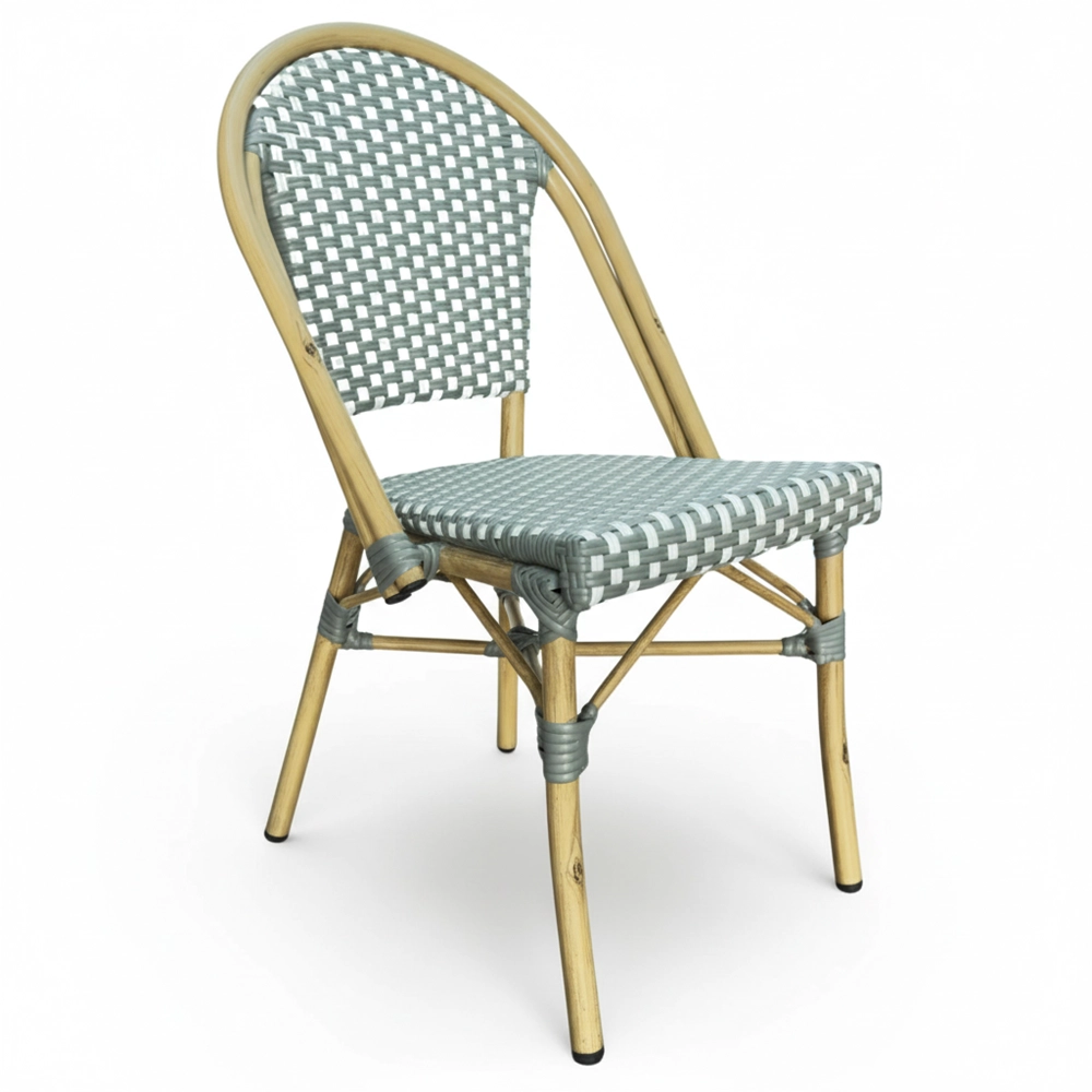 Bistro diner chair with a light wood frame and grey and white woven seat and back