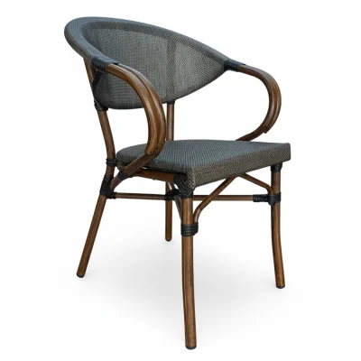 Hospitality chair with a dark wood-finish frame and grey woven seat and backrest