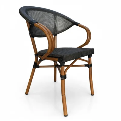 Cafeteria chair with a bamboo-style frame and black woven seat and backrest