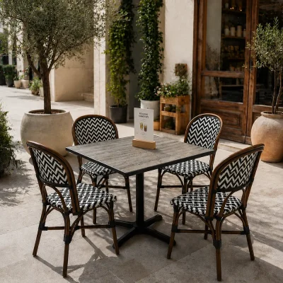 Square table with four black and white chevron-patterned chairs in a sunlit outdoor cafe courtyard with olive trees