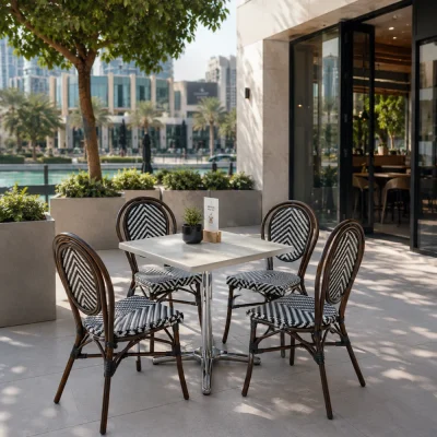 outdoor seating chairs Outdoor cafe seating with a table and four bistro chairs on a sunny patio overlooking a city waterfront