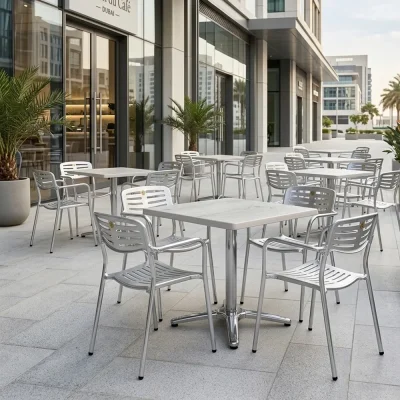 outdoor seating in Dubai Cafe Outdoor cafe seating area featuring silver metal chairs and square tables