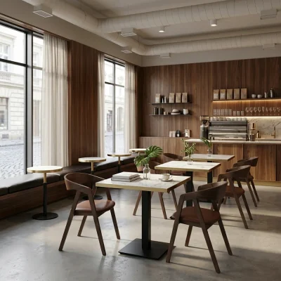 Modern cafe interior with wooden chairs and marble table