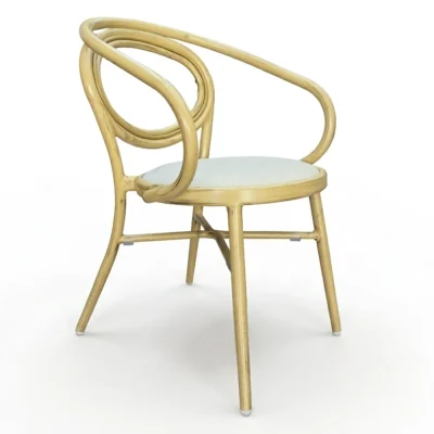 Light-colored coffee shop chair with a circular backrest design and a white seat cushion